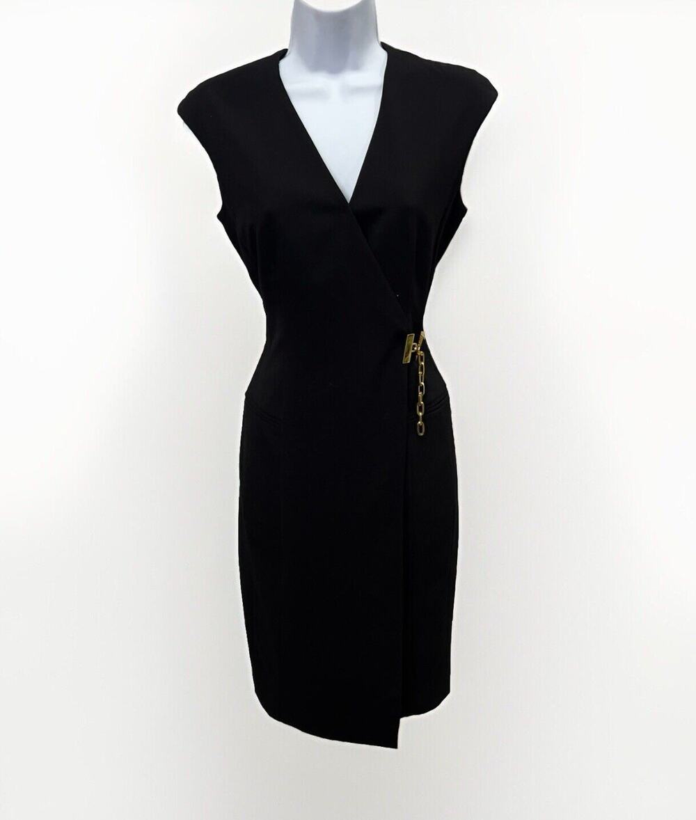 Calvin Klein Black Sleeveless Wrap Dress Gold Clasp Detail Lined Size 2